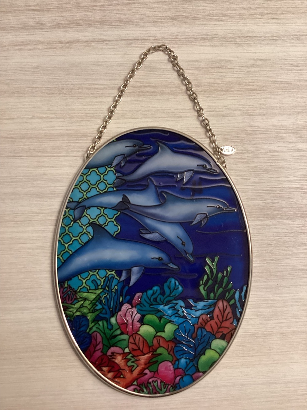Ocean Dolphins Suncatcher Hand Painted Glass By AMIA Studios 7" x 5"